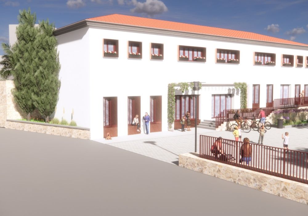 Fachada blanca de lo que será el nuevo albergue de Coy en Lorca, render de VV Arquitectura